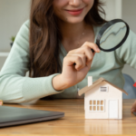 Student sitting at a desk with a model house in front of her and she is inspecting the model house with a magnifying glass. This is to represent her searching for a home. There are also usual items that students use daily such as her laptop and pencils on the desk.