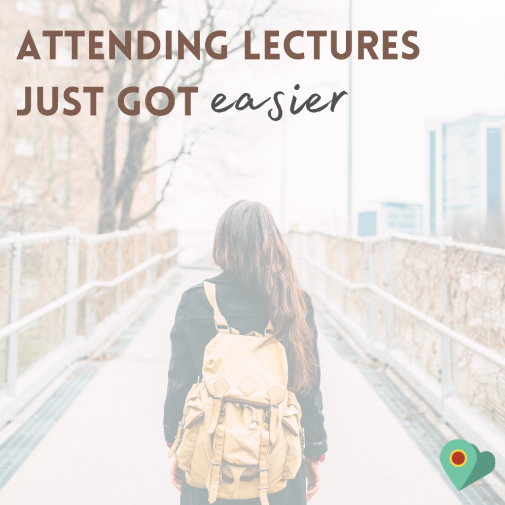 Text across the image stating attending lectures just got easier with a woman walking down a street with headphones on and a backpack as though she is attending University and is making her way to the campus.