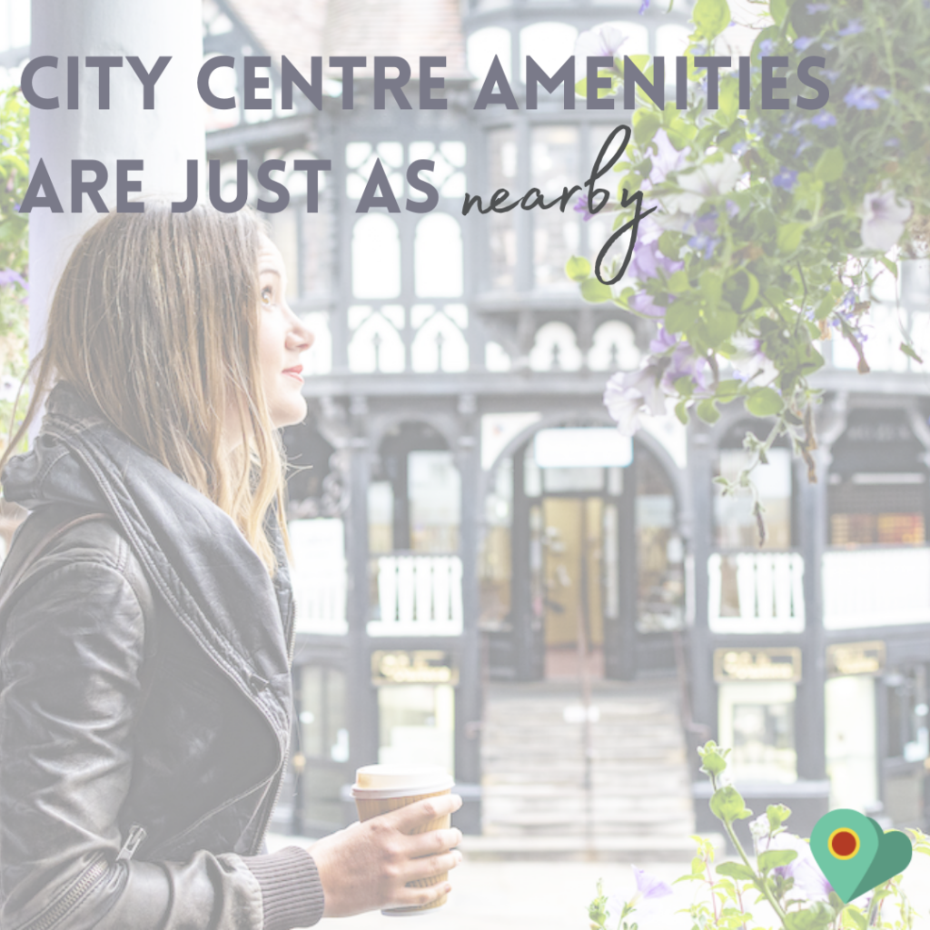 a woman stood in front of the buildings that Chester is famously known for as a black and white older building. She is stood on the rows in Chester and is looking in the distance with a bunch of flowers hanging from a hanging basket in the image too.