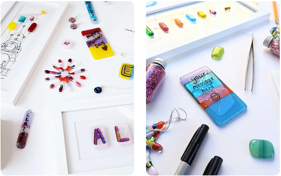 Images of the artwork that has been created at the shop that is being advertised above. Glass decorations that have been handpainted or framed are shown in the image along with tools that have been used to create them.